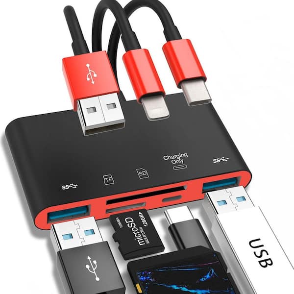 EKIEUDL 5-in-1 Memory Card Reader with Micro SD and SD Card Slots USB OTG Adapter and SD Card Reader for i-Phone/i-Pad Black/Red