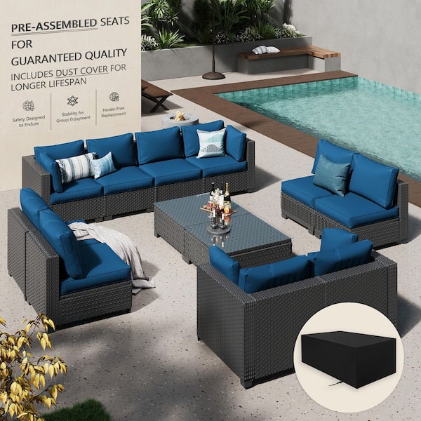 12-Piece Wicker Rattan Outdoor Patio Conversation Sectional Seating Set with Coffee Tables, Blue Cushion (10-Seats)