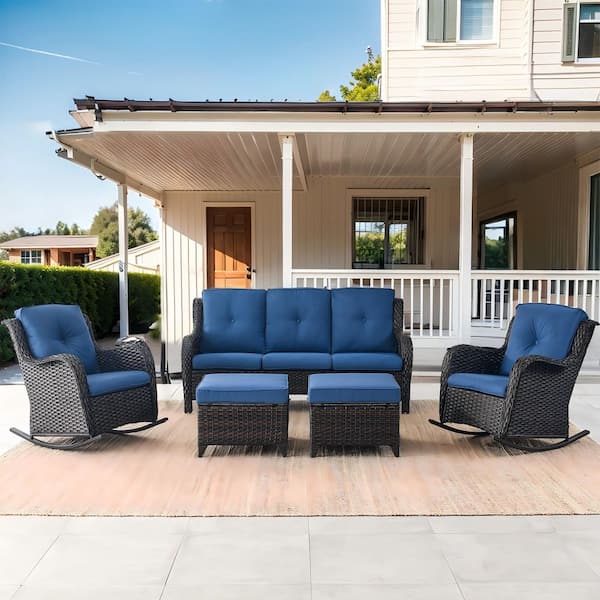 Carlos 4-Piece Brown Wicker Patio Conversation Set with Rocking Chairs, Outdoor Sofa Seating Set with Beige Cushions