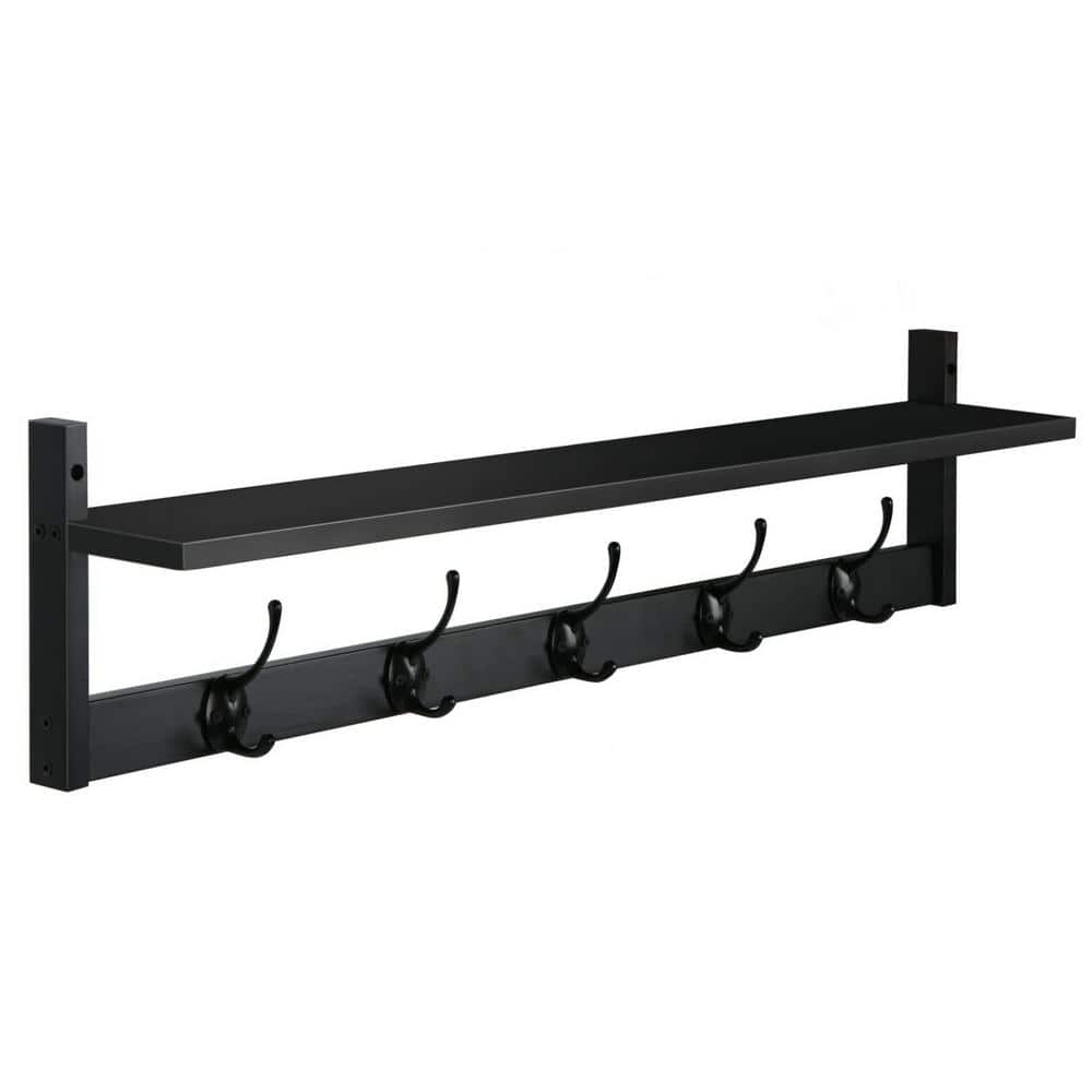 Black Wall-Mounted Shelf with 5 Dual Hooks