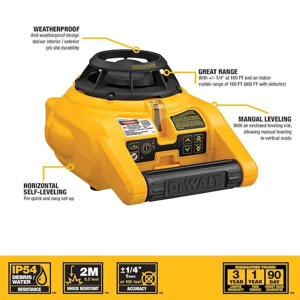 lobby flugt Er DEWALT 150 ft. Red Self-Leveling Rotary Laser Level with Detector and  Clamp, Wall Mount, Remote, Bag, (2) D and (1) 9V battery DW074KD - The Home  Depot