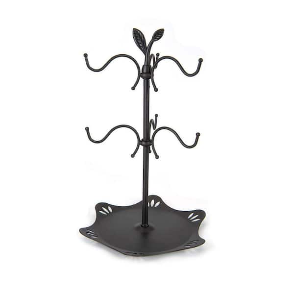 6-Hook Black Metal Mug Tree with Tray for Countertop Large Coffee Cup Holder Organizer Kitchen Accessory
