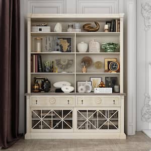 Brown Wood Rustic Style Accent Storage Cabinet Bookshelf with Drawers, Adjustable Shelves, Sliding Glass Doors