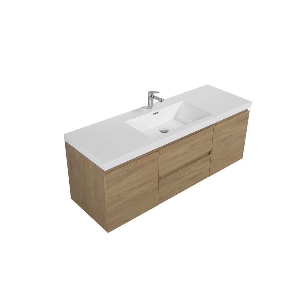60 in. W Floating Single Sink Bath Vanity in Natural Oak with Gloss White Resin Top