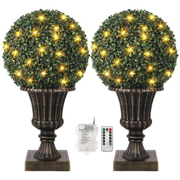 Unbranded 2Pack 2.25 ft. Artificial Boxwood Topiary Tree ,16 in. Plant Topiary Ball Lights,Front Door Plants with Light Base,Gold