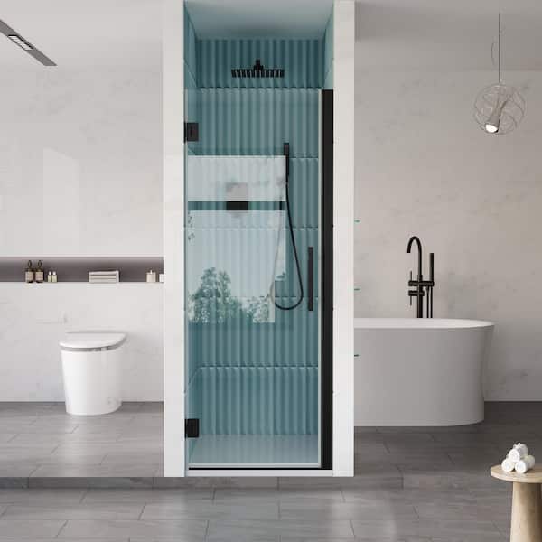 UNIFIT 27-28 in. W x 72 in. H Hinged Frameless Shower Door in Matte Black with 3/8 in. SGCC Clear Tempered Glass