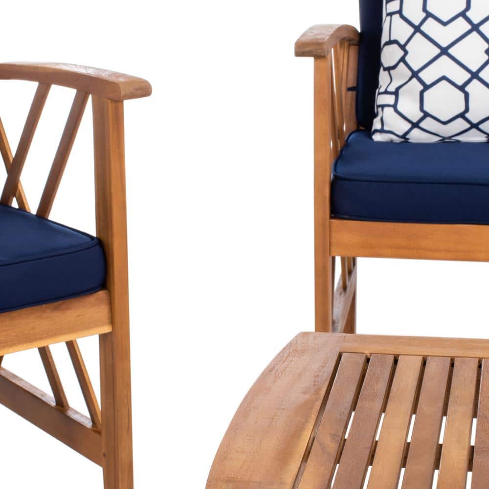Fontana Natural Acacia Wood 4-Piece Patio Conversation Set with Navy Cushions