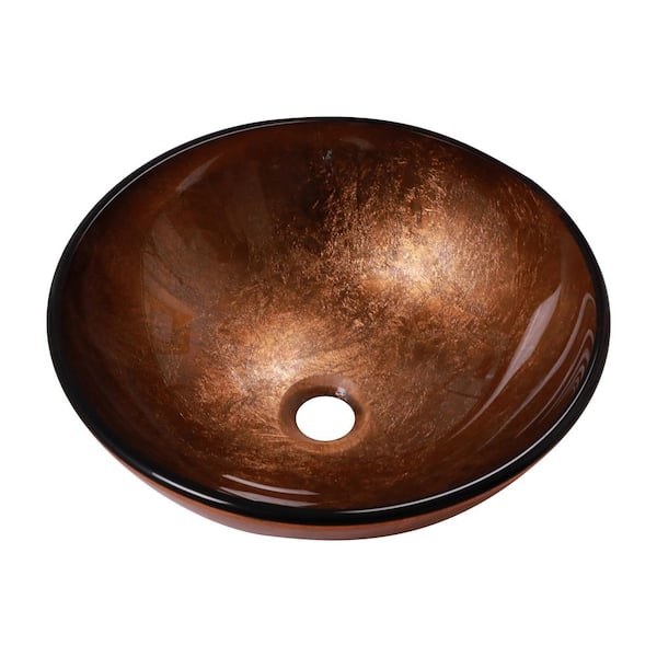 16 in. Vessel Round Bathroom Sink with Pop-up Drain in Brown Tempered Glass