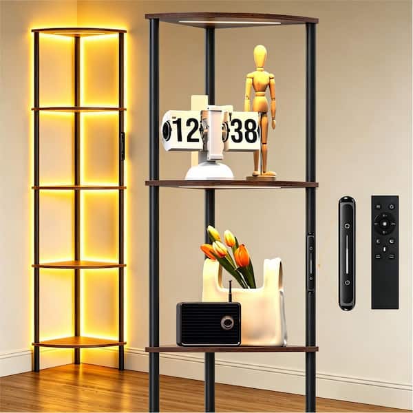 66.5 in. Retro Brown 5-Tier Dimmable LED Column Circular Sector Shelf Floor Lamp with Color Temperature