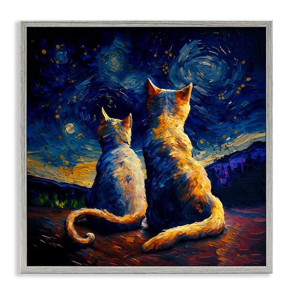 Swirled Night Sky Cats by Svetlana Aleynikova Gray Framed Animal Giclee Art Print 12 in. x 12 in.