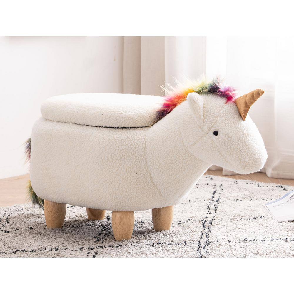White and Multicolor Unicorn Fabric Storage Ottoman