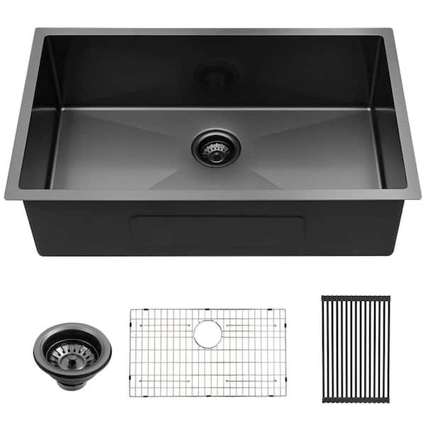 LORDEAR Gunmetal Black 30 in. Undermount Single Bowl 16-Gauge Stainless Steel Kitchen Sink with Bottom Grids