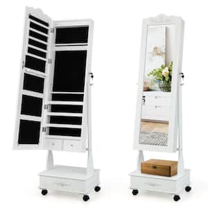 White Rolling Floor Standing Mirrored Jewelry Armoire with Lock and Drawers