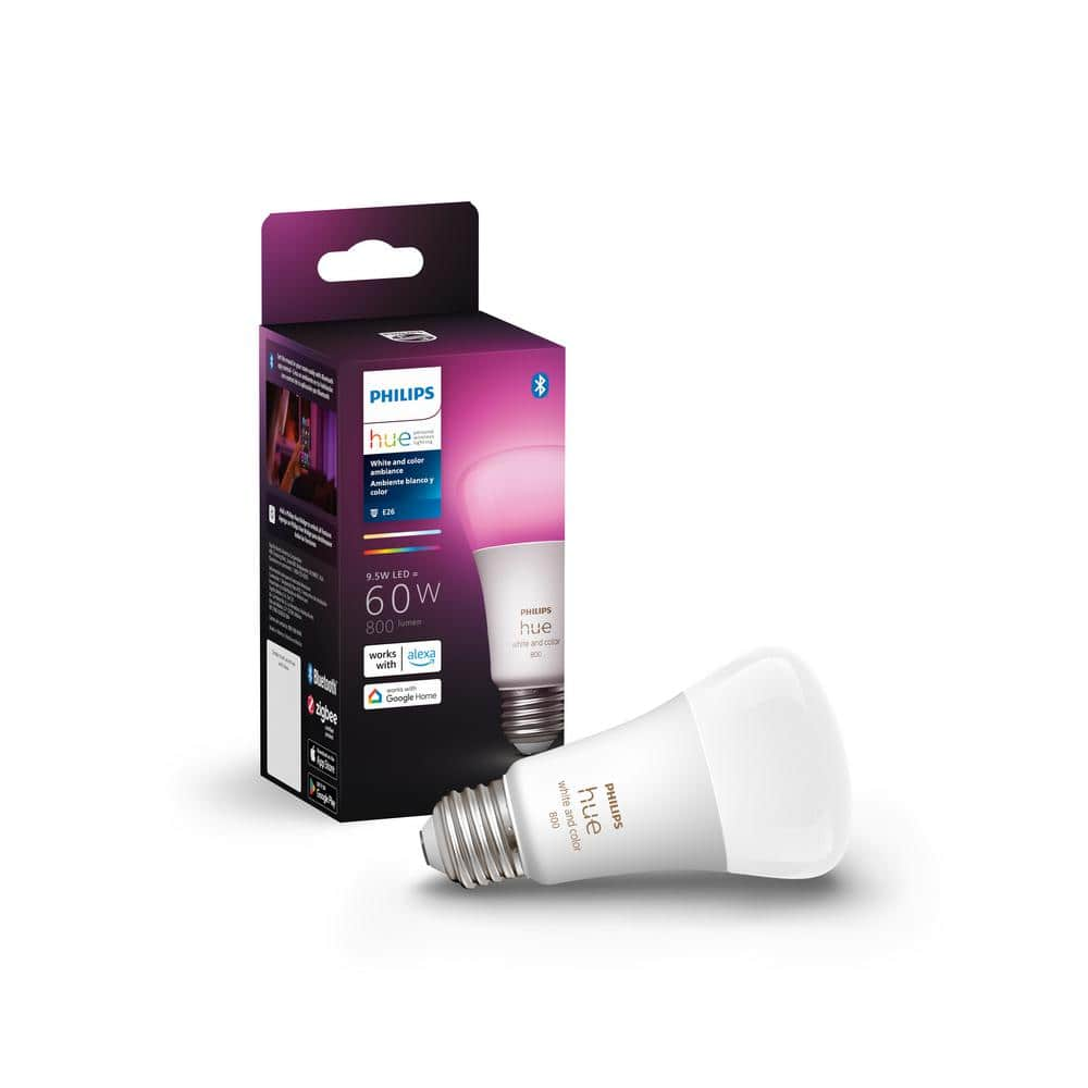 Philips Hue White and Color Ambiance A19 LED 60W Equivalent Dimmable Smart  Wireless Light Bulb with Bluetooth (1-Pack) 548487 - The Home Depot