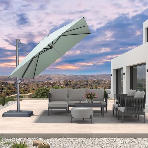 PURPLE LEAF 10 ft. Square Outdoor Patio Cantilever Umbrella Aluminum Offset 360° Rotation Umbrella with Base, Mint Green