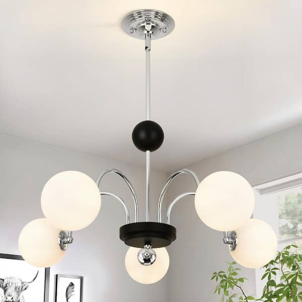 Henveton Kinlea 5 Light Nickel Vintage Dimmable Sputnik Sphere Chandelier with Frosted Glass Shades for Living Room, Bedroom