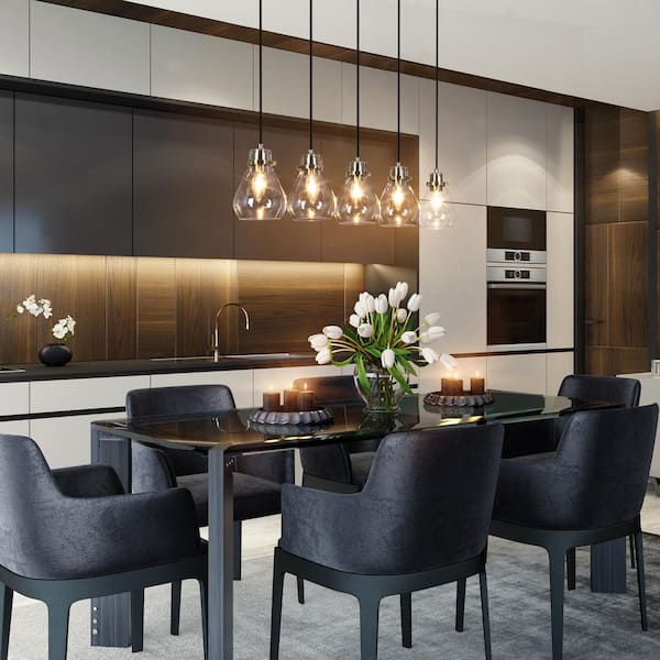 Modern Kitchen Island Chandelier 5-Light Black and Brass Linear Dining Room Chandelier with Clear Glass Shades