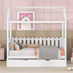 White Twin Size Wooden House Bed with Trundle, House Shape Floor Bed Frame with Roof and Fence for kids
