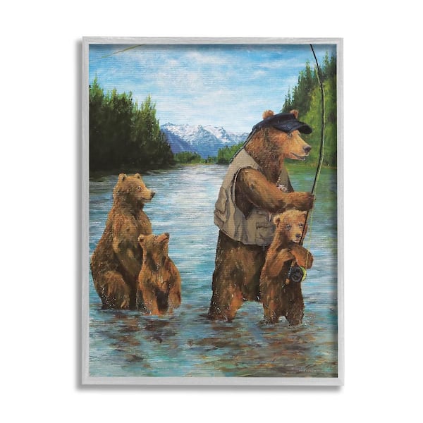 Stupell Industries Grizzly Bear Family Fishing Landscape by Kamdon Kreations 1-Piece Gray Framed Animal Giclee Art Print 30 in. x 24 in.