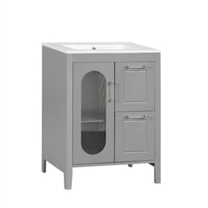 24 in. Bathroom Vanity 24 in. W x 18.3 in. D x 33.2 in. H Single Sink Gray Glass Door Bath Vanity with White Ceramic Top