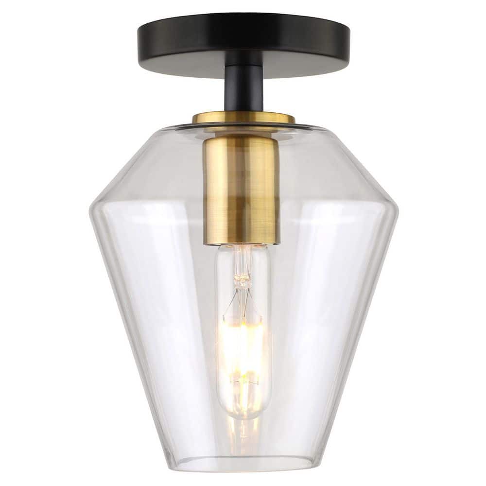 Remy 7" Matte Black and Brass Semi Flush Mount with Glass Shade