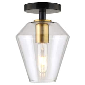 Remy 7 in. Matte Black/Brass/Clear Semi Flush Mount with Glass Shade