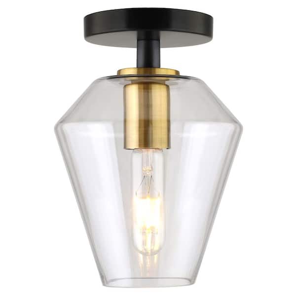 Meyer&Cross Remy 7 in. Matte Black/Brass/Clear Semi Flush Mount with Glass Shade
