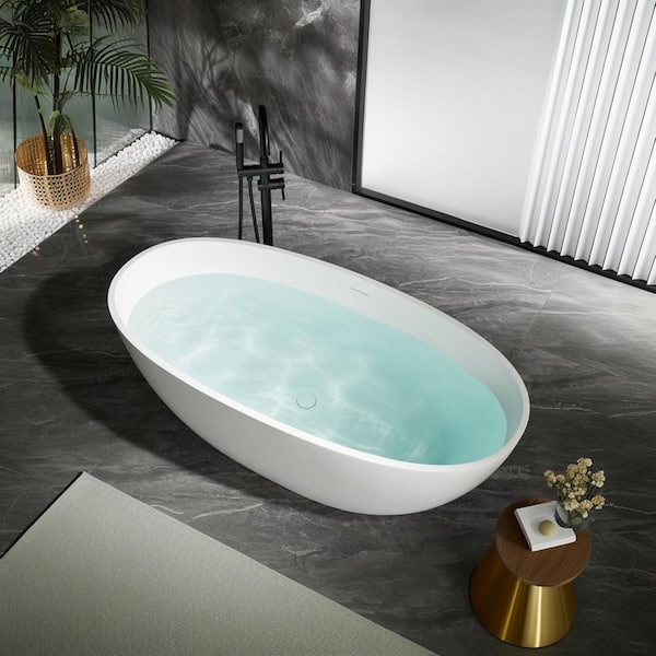 Foyil 71 in. x 35 in. Solid Surface Stone Resin Flatbottom Freestanding Bathtub Soaking Bathtub in Matte White