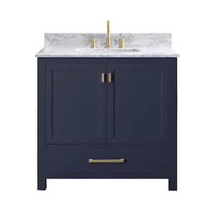 Modero 37 in. W x 22 in. D x 35 in. H Bath Vanity in Navy Blue with Marble Vanity Top in White and White Basin