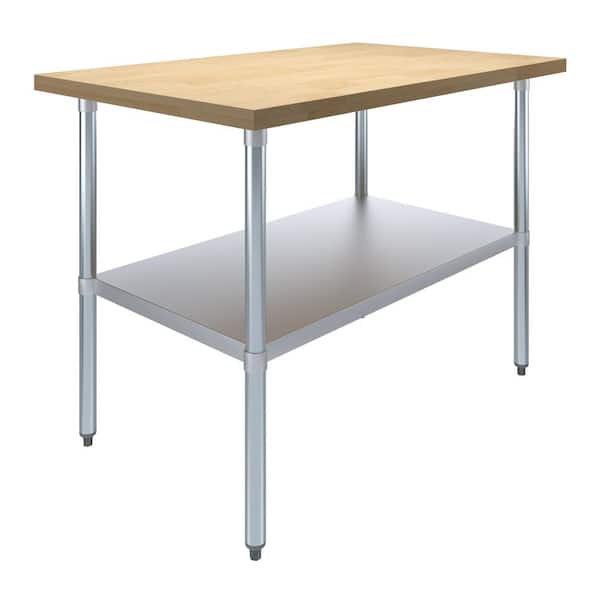 VEVOR Maple Top Work Table 36 x 30 in. Stainless Steel Kitchen Prep Table Wood with Lower Shelf Kitchen Utility Table, Silver