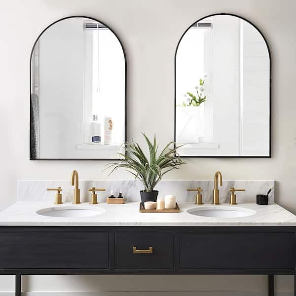 24 in. W x 36 in. H Arched Black Aluminum Alloy Framed Wall Mirror Decorative Wall Mirror (2-Pieces)