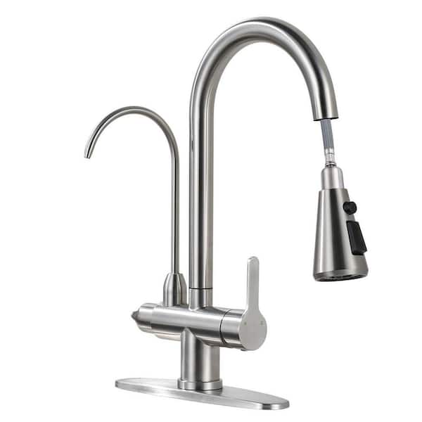 Brushed Nickel 16.7 in. 2 In 1 Stainless Steel 360° Swivel Pull Down Sprayer Kitchen Faucet with Drinking Water Faucet