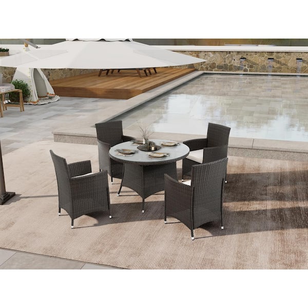 Unbranded 5 Piece Brown Wicker Patio Conversation Set with White Cushions, Round Tempered Glass Tabletop and Umbrella Hole