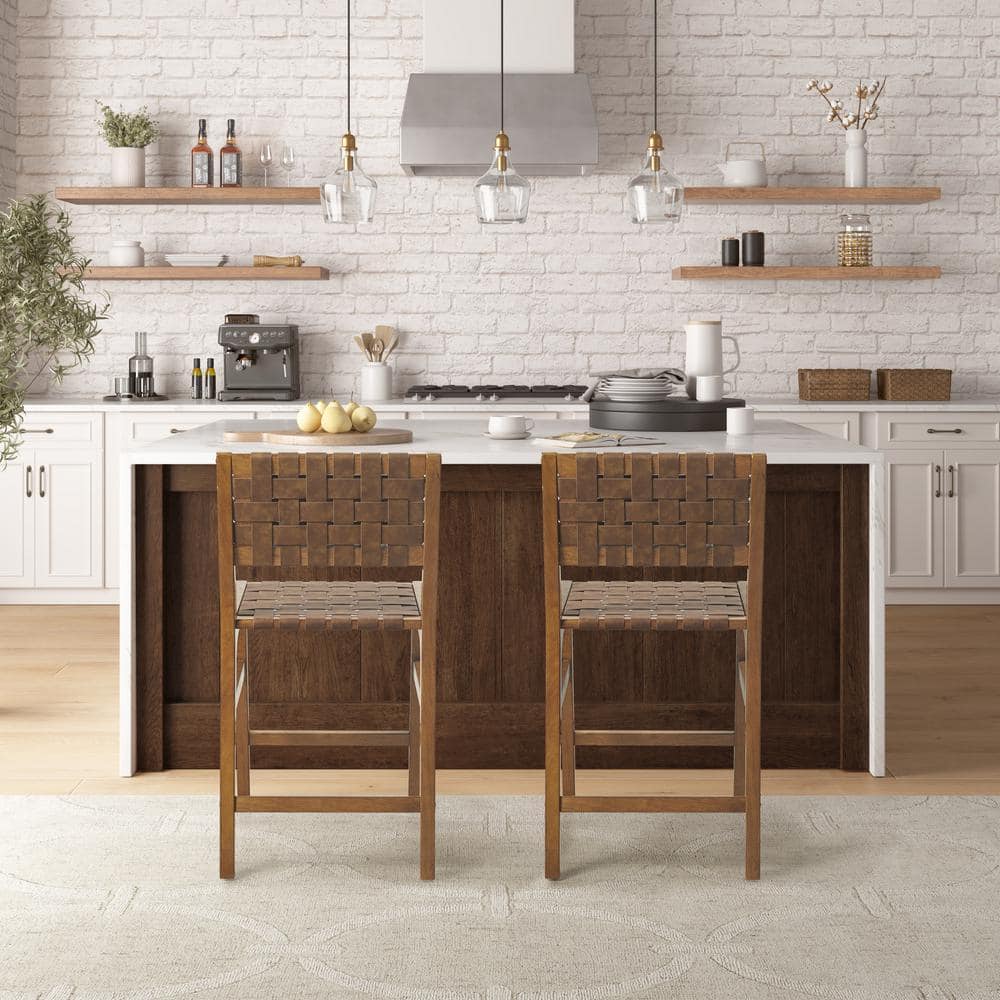 Oslo 24" Brown Faux Leather Woven Counter Stool