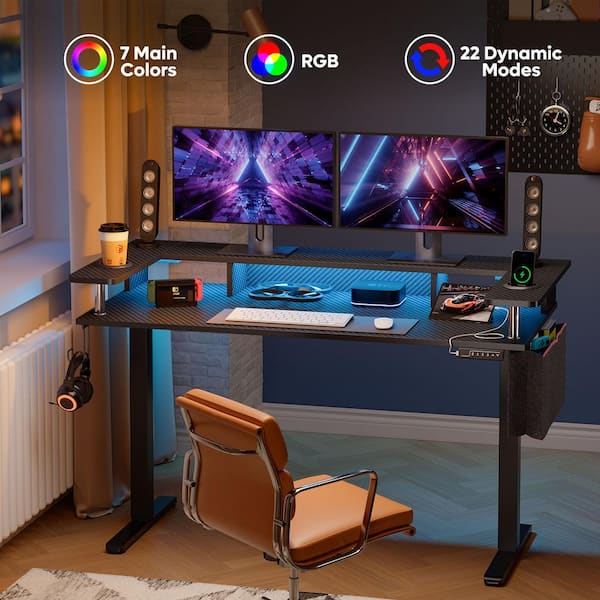 58 in. Rectangular Black Carbon Fiber Wood Sit to Stand Desk with Monitor Stand and Cup Holder