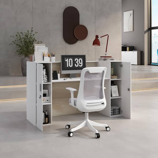 FUFU&GAGA 70.9 in. W White MDF Writing Desk with a Spacious Tabletop and 6-Enclosed Storage Shelves
