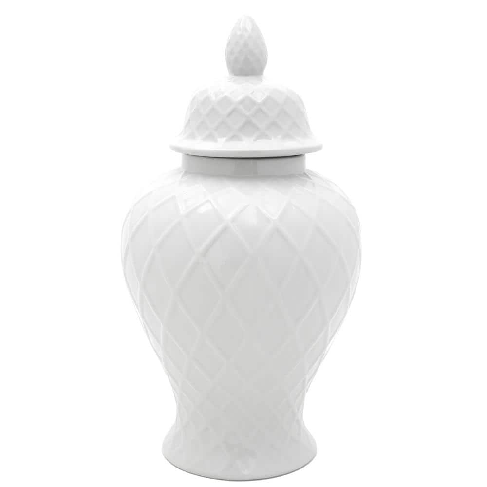 19.5" Glossy White Porcelain Diamond Pattern Temple Jar