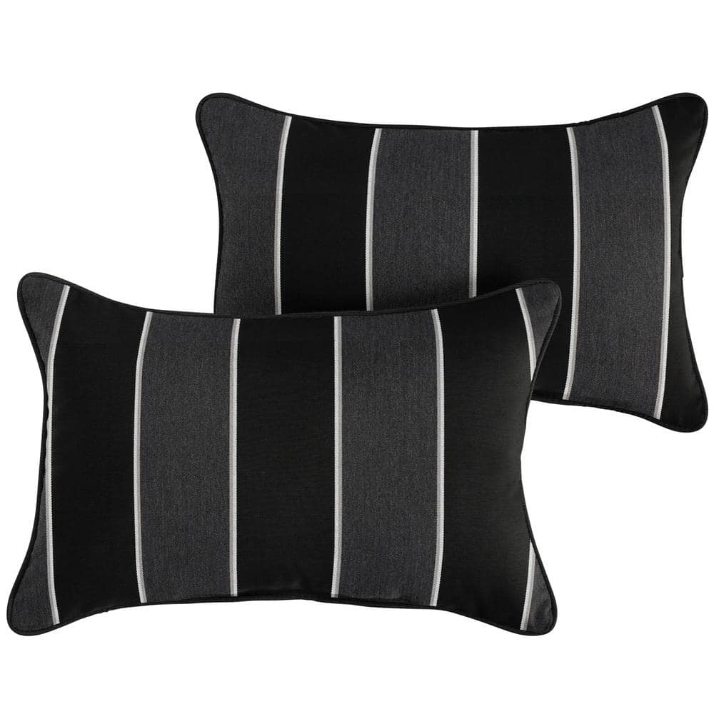 Sunbrella Black Grey Stripe with Black Rectangular Outdoor Corded Lumbar Pi