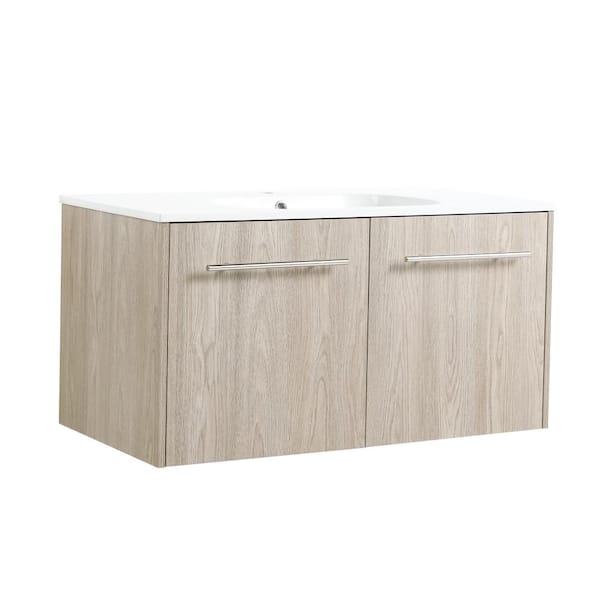Unbranded 36 in. W x 18.11 in. D x 18.3 in. H Single Sink Bath Vanity in Wall Mounted Floating in Oak with White Acrylic(Gel) Top