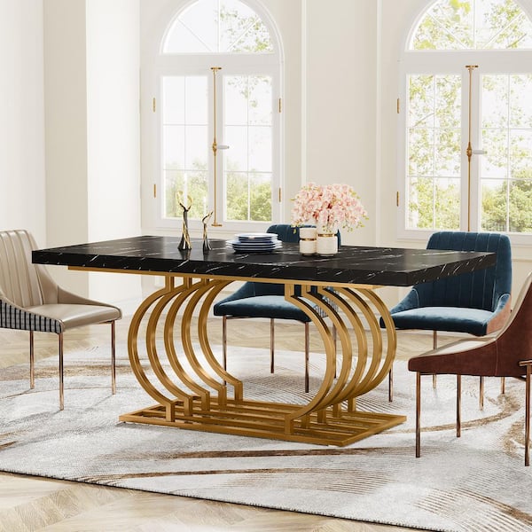 BYBLIGHT Modern Black Wood 63 in. Trestle Dining Table Seats 6 Rectangular Dinner Room Table with Geometric Frame