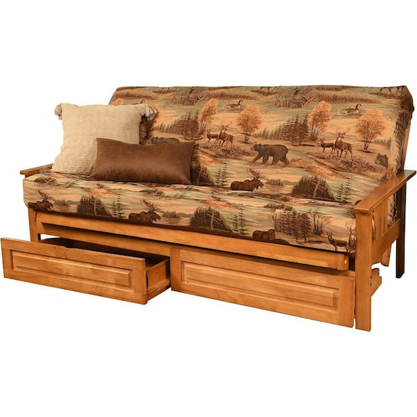 79 in. Butternut/Canadian Polyester Upholstered Full Size Futon Set with Mattress and Storage Drawers