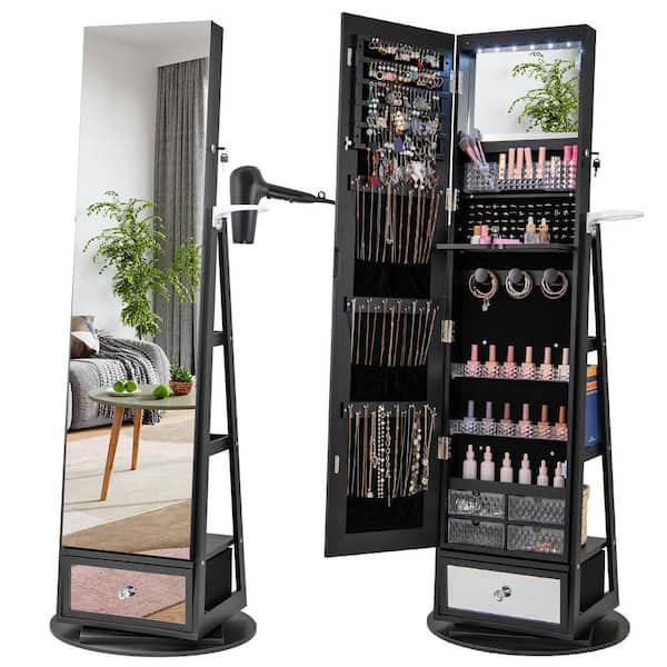 22 in. x 64.5 in. Black 360° Swivel Freestanding MDF Jewelry Armoire with Full-Length Mirror and Drawer