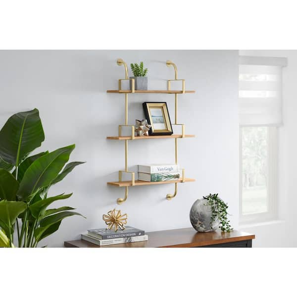Natural Wood and Gold 3 Tier Wall Shelf