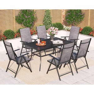 7-Piece Metal Patio Outdoor Dining Set with Rectangle Table and Grey Folding Reclining Sling Chairs