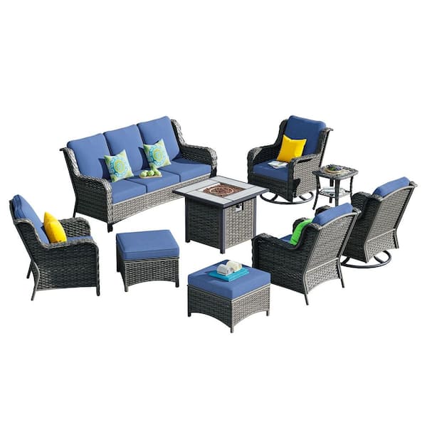 New Kenard Gray 9-Piece Wicker Patio Fire Pit Conversation Set with Denim Blue Cushions and Swivel Rocking Chairs