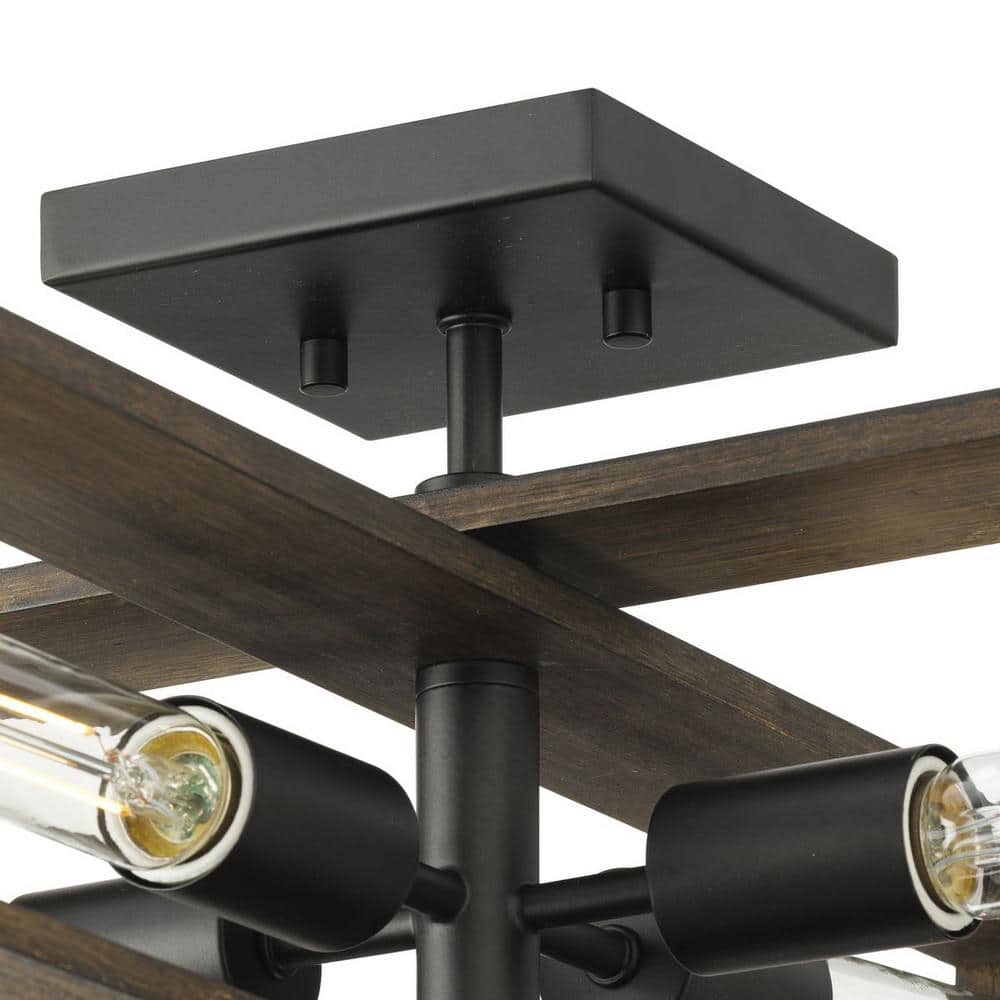 Matte Black and Wood 4-Light Flush Mount Ceiling Fixture