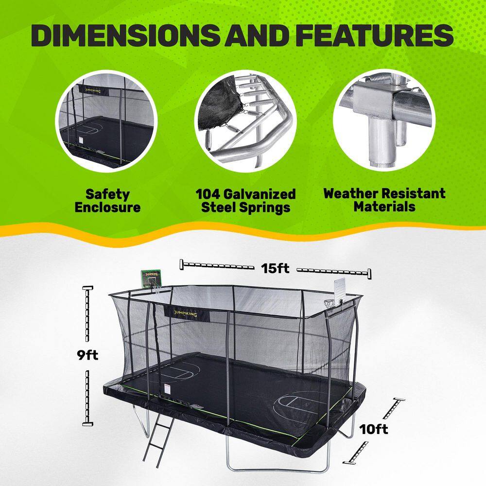 Black Rectangular Steel Trampoline with Enclosure and Basketball Hoop