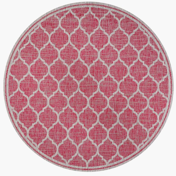 Trebol Moroccan Trellis Textured Weave Fuchsia/Light Gray 5 ft. Round Indoor/Outdoor Area Rug
