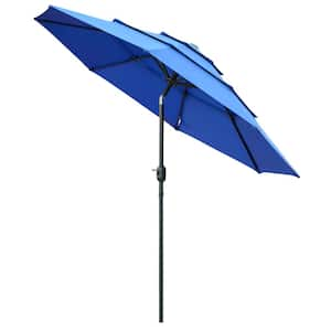 9 ft. Steel 3 Tiers Market Patio Umbrella in Blue with Crank, Push Button Tilt