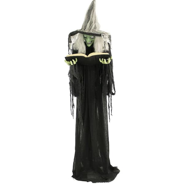 Haunted Hill Farm 5.75 ft. Poseable Animatronic Witch with Spell Book, Lights and Sound, Indoor or Covered Outdoor Halloween Decoration